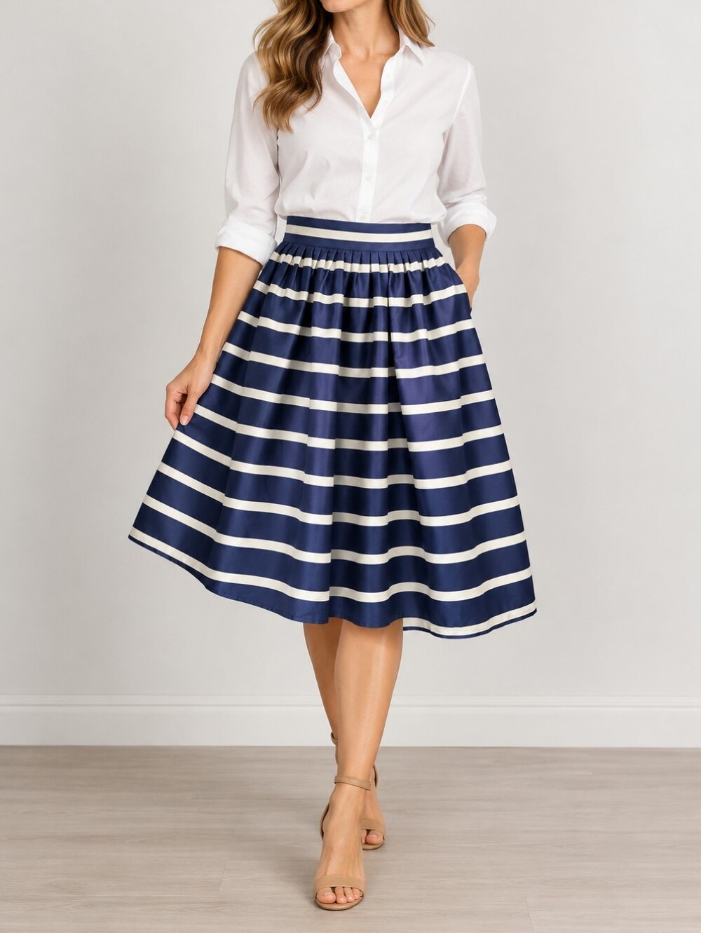 Polo Ralph Lauren Navy Cream Striped Cotton Silk Skirt Size 12